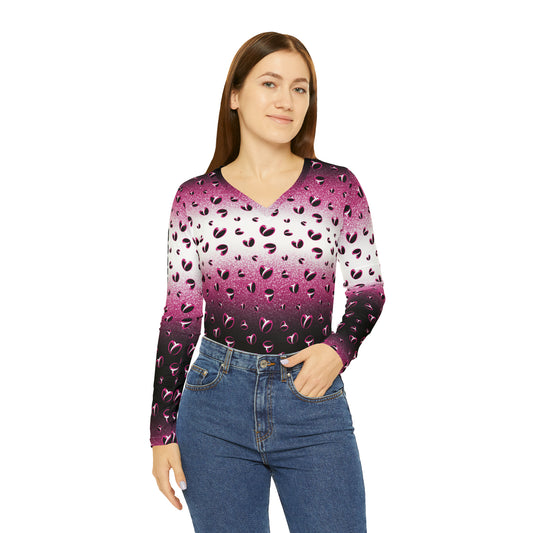 Pink Stardust & <3's Long Sleeve V-neck Shirt